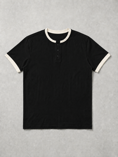 VORIX Contrast Ringer Henley in Black - Detail View